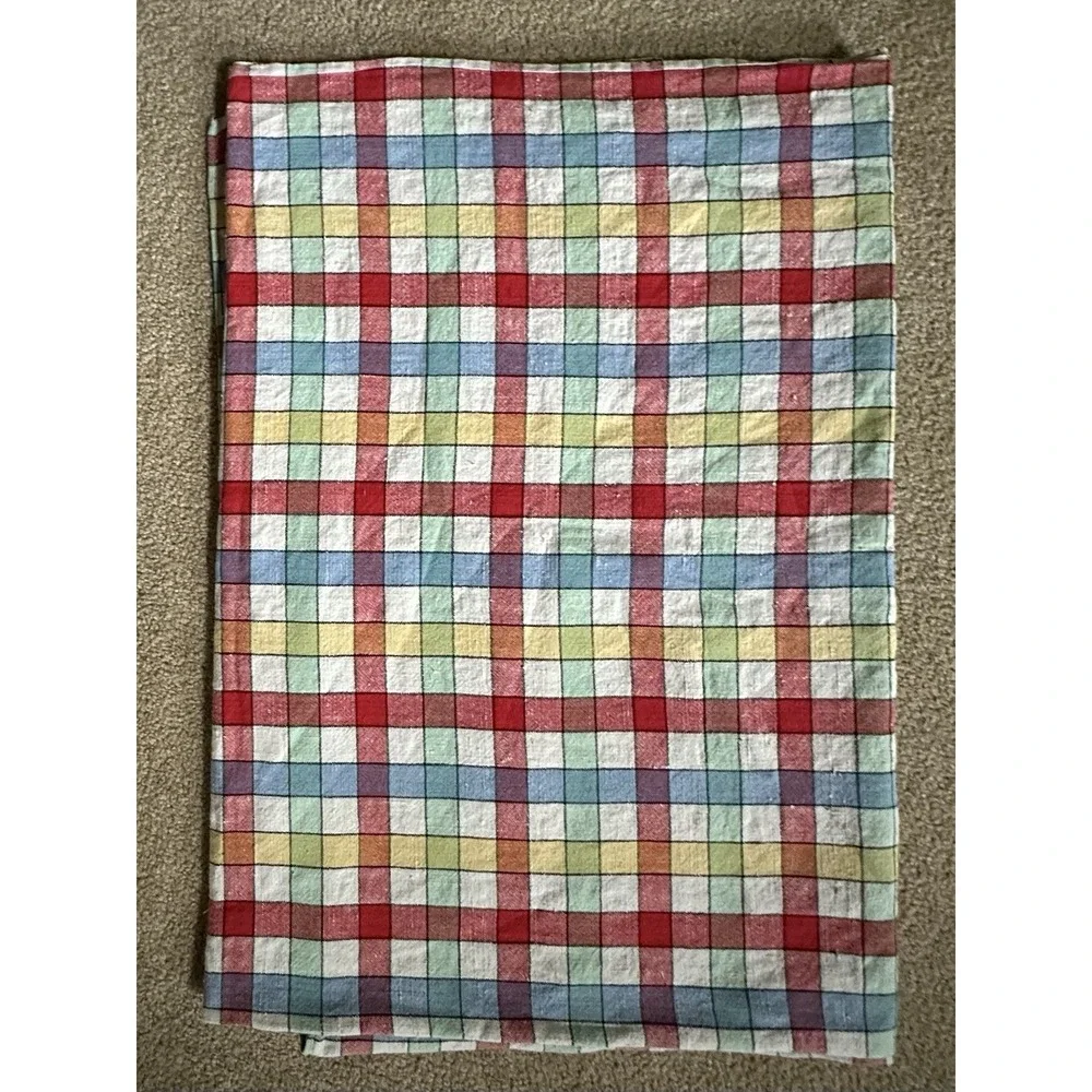 Vtg Soft TABLECLOTH 46x60 Red Yellow Blue Green Picnic Checkered Plaid EUC Slub